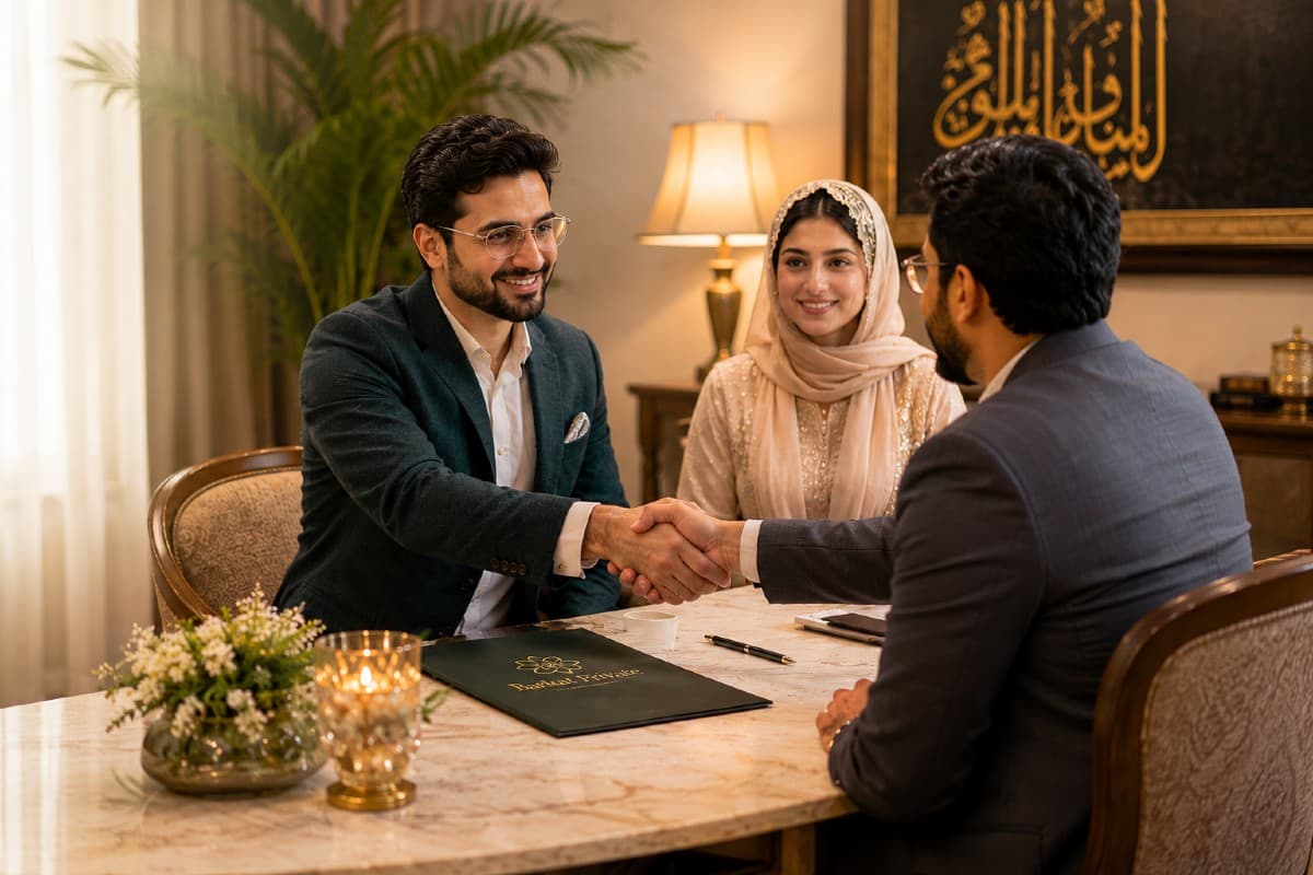 Barkat Private consultation with two men shaking hands and a woman smiling in an elegant setting